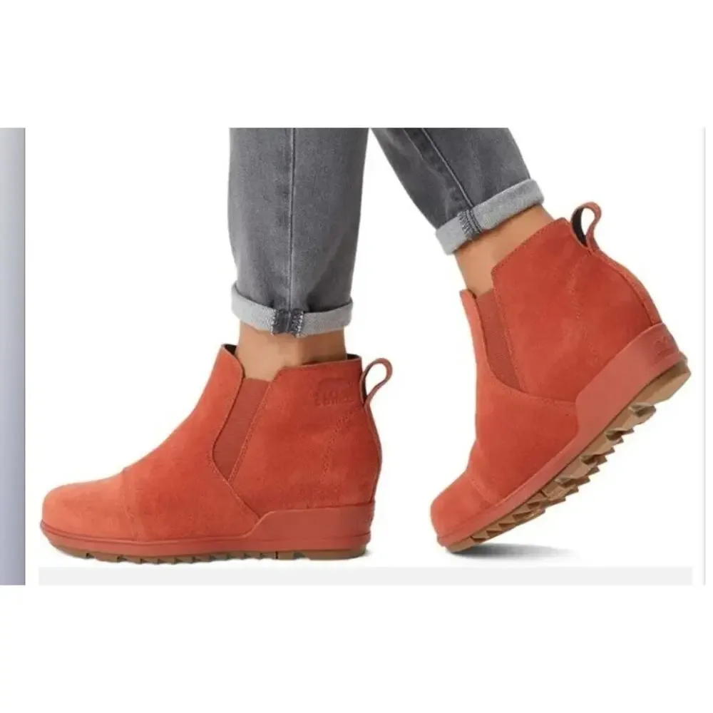 Sorel Evie Pull-On Red Waterproof Suede Ankle Boots Bootie Lug Sole Orange 8